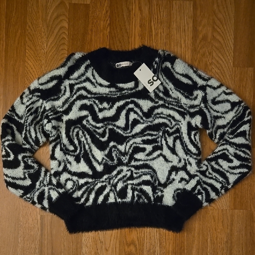 SO Black and White Abstract Crew Neck Sweater